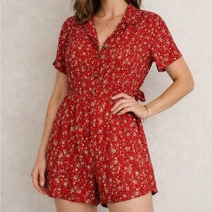Oh! Mamma Red Floral Button Front Romper Tie Back Rayon Boho Cottagecore M